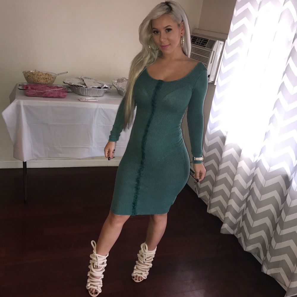 Teal long sleeve midi dress